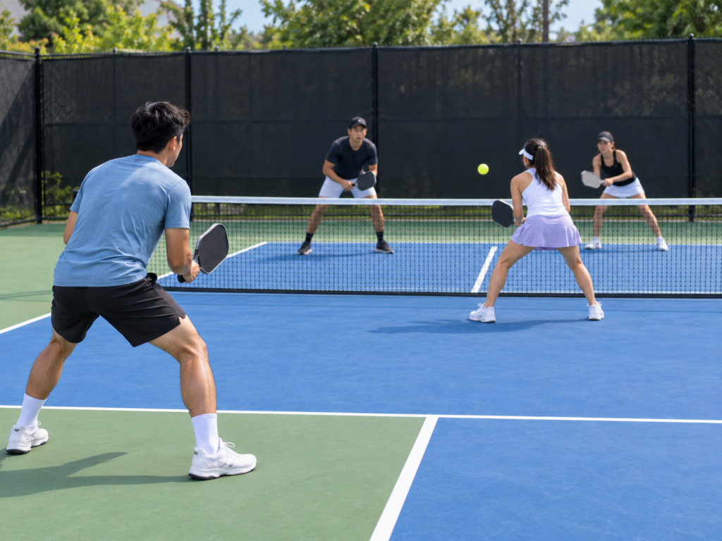 Một người lên bếp một người đứng cuối sân Pickleball