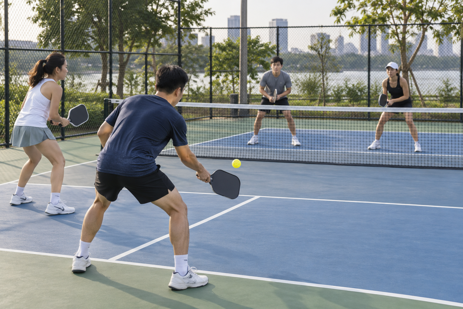 Minh họa người chơi luyện kỹ thuật Pickleball kết hợp di chuyển